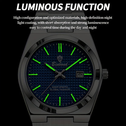 BINBOND Men's Elegant Quartz Watch, Blue/Green Checkered Dial, Glow-in-the-Dark Hands, Durable Steel Band, Waterproof, Date Display, Casual Style, Perfect for Daily Wear and Gift