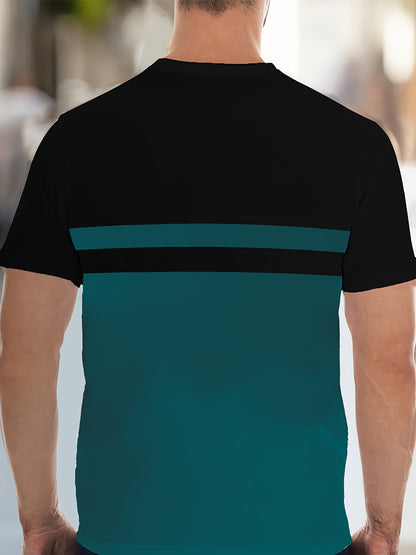 Men'S Novelty T-Shirt - Black & Teal Color Block Design, Casual Crew Neck, Short Sleeve, Regular Fit, Polyester Fabric, Perfect for Casual Attire, Novelty T Shirt