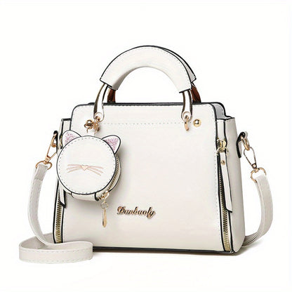 Women'S Fashion 2023 Embroidered Cat Design Messenger Bag, Removable Strap, Zipper Closure, Polyester Lined, Casual Shoulder Handbag with Edge Paint Detail