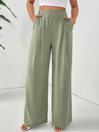 Women'S Stylish Gray Wide Leg Pants with Elastic Waistband and Double Pockets - Perfect for Office, Commuting, or Casual Wear