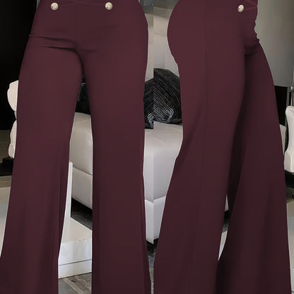 Elegant Double-Breasted Waistband Casual Pants, Solid Color, Polyester, Machine Washable - All Seasons, Queen Style, High-Grade Design