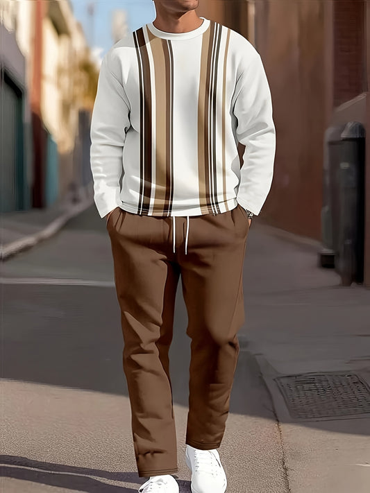 Men's Casual Fashion Round Neck Sweatshirt & Joggers Set - Polyester, Machine Washable, Printed Design for Spring/Fall
