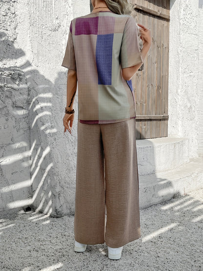 Elegant Patchwork Women'S Fashion Suit - Short Sleeve, Crew Neck, Polyester, Spring/Summer Collection, Casual Attire|Modern Casualwear|Polyester Fabric
