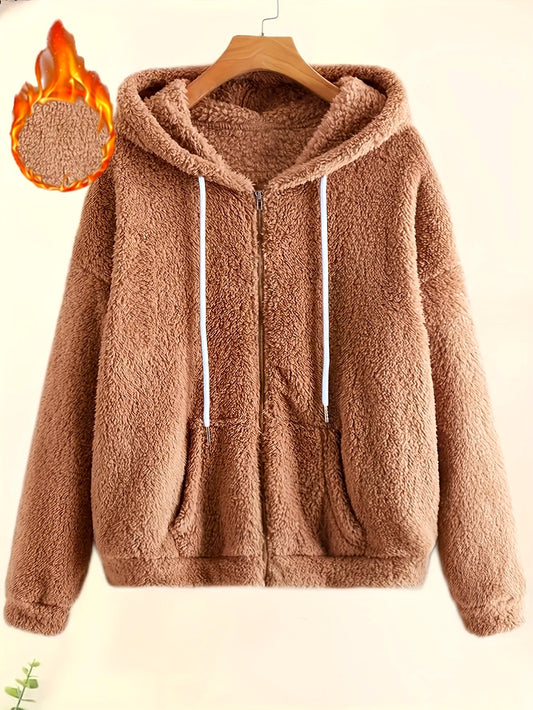 Cozy Fleece-Lined Hooded Jacket for Women - Casual Solid Color with Drawstring, Zip-Up Front, Long Sleeves - Perfect for Fall & Winter