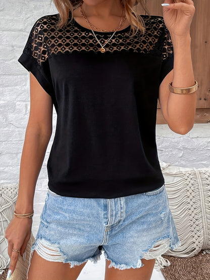 Women's Batwing Short Sleeve T-Shirt - Lace Contrast Raglan Sleeves, Round Neck Longline Top, Burgundy & White Elegant Design, Machine Washable All-Season Casual Wear, Vacation Clothing, Nontransparent Fabric