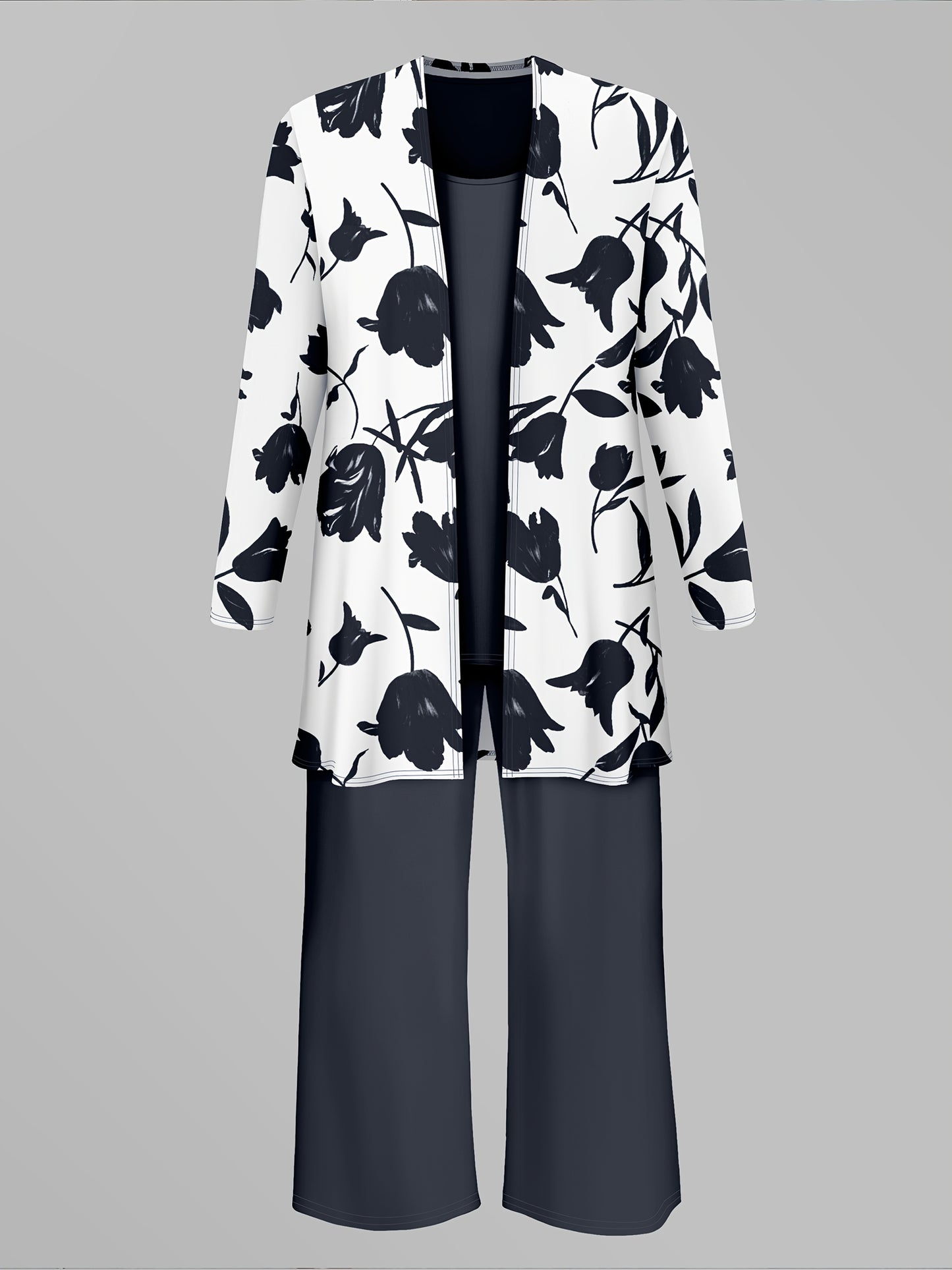 Women'S 3pcs Set, Floral Print Cardigan with Solid Color Cami and Wide-Leg Pants Casual Outfit