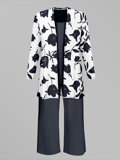 Women'S 3pcs Set, Floral Print Cardigan with Solid Color Cami and Wide-Leg Pants Casual Outfit