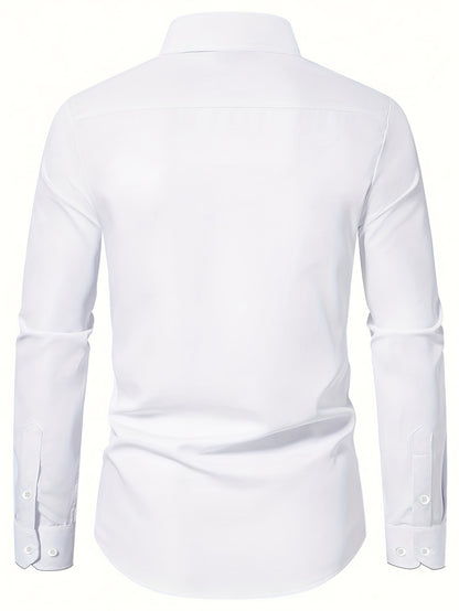 Elegant Men's Solid Color Long Sleeve Dress Shirt with Stylish Contrast Trim - 100% Polyester, Button-Up, Machine Washable - Ideal for Formal & Semi-Formal Occasions
