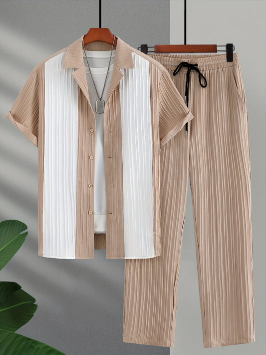 New Men's Colorful French Stripe Short Sleeve Shirt and Trousers Set