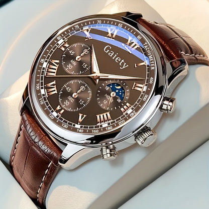 1pc GAIETY Men'S Luxury Quartz Watch with Matching Faux Leather Belt, Round Alloy Case, Non-Rechargeable Battery - Fashion Business Sport Watch Combo