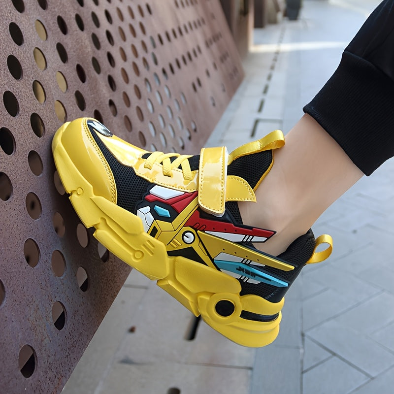 Boys' Lightweight Breathable Mesh Sneakers - Vibrant Yellow Cartoon Design, Hook-and-loop Fastener Closure, Perfect for Spring & Summer Casual Wear, Playful Outdoor Shoes | Cartoon Pattern Shoes | EVA Cushioned Sole