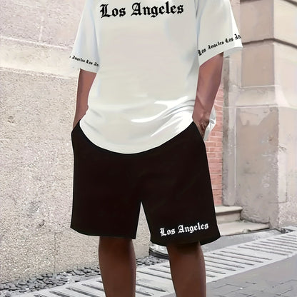 Men'S Los Angeles Graphic Print Casual Sportswear Set - Breathable Summer Short Sleeve T-Shirt & Drawstring Shorts with Pockets, Regular Fit, Crew Neck, Comfortable & Stylish for Casual Attire, Leisure Clothing | Trendy Sport