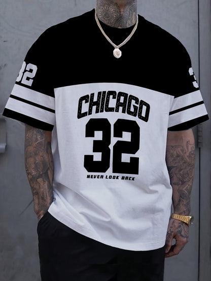 OBM Men's Chicago 32 Graphic Print T-Shirt - 100% Polyester Casual Short Sleeve Tee with Bold Numerals, Machine Washable Summer Streetwear Top, Chicago T Shirt, Urban Style, Sporty Look, Durable Material, Urban Lifestyle