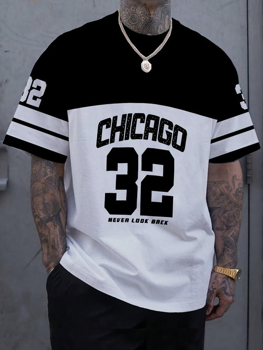 OBM Men's Chicago 32 Graphic Print T-Shirt - 100% Polyester Casual Short Sleeve Tee with Bold Numerals, Machine Washable Summer Streetwear Top, Chicago T Shirt, Urban Style, Sporty Look, Durable Material, Urban Lifestyle