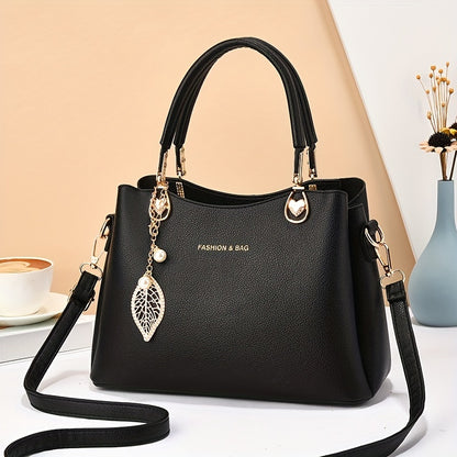 Elegant Wo 's Handbag with Detachable Shoulder Strap, Golden-Tone Hardware & Chic Leaf Charm - Stylish White Satchel for Everyday Use, Casual Chic Bag | Stylish Charm Handbag | Bag