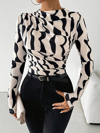 Women'S Chic Asymmetrical Geometric Print Pleated Edge T-Shirt - High Neck, Slim Fit, Black & White Design, Perfect for Spring/Summer/Fall, Versatile Fashion Item|Slim Fit Top|Glossy Texture