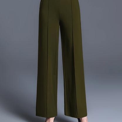 Women'S Olive Green Straight Leg Pants - Stretchy High-Waist, Casual & Comfortable, Ideal for Daily Commute & Casual Attire, Casual Wear|Straight Leg Pants|Stretchy Fabric
