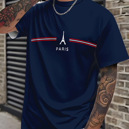 Men's Casual Short Sleeve T-Shirt with Paris Graphic Print - Navy Blue Relaxed Fit Round Neck Tee, Machine Washable for Casual Attire, Leisure Clothing, Classic Round Neck, Durable Casualwear, Weekend Attire, Simple Design, S