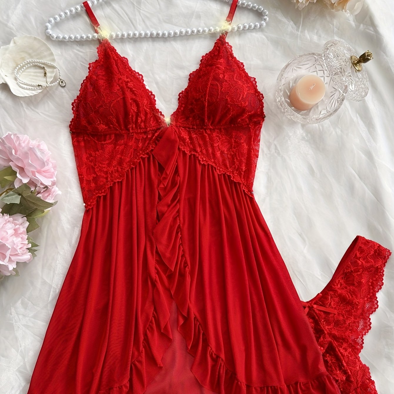 Sexy and Romantic Sleepwear Set, Solid Color Lace Camisole with Matching Panties, V-Neck Design Accentuating Elegant Neckline, Delicate Lace Pattern for Softness. Flared Hem and Ruffled Front Add Graceful Charm, Perfect for a