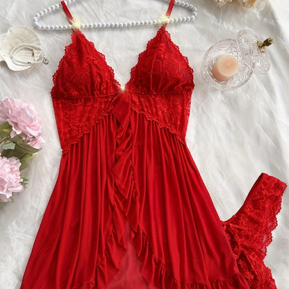 Sexy and Romantic Sleepwear Set, Solid Color Lace Camisole with Matching Panties, V-Neck Design Accentuating Elegant Neckline, Delicate Lace Pattern for Softness. Flared Hem and Ruffled Front Add Graceful Charm, Perfect for a