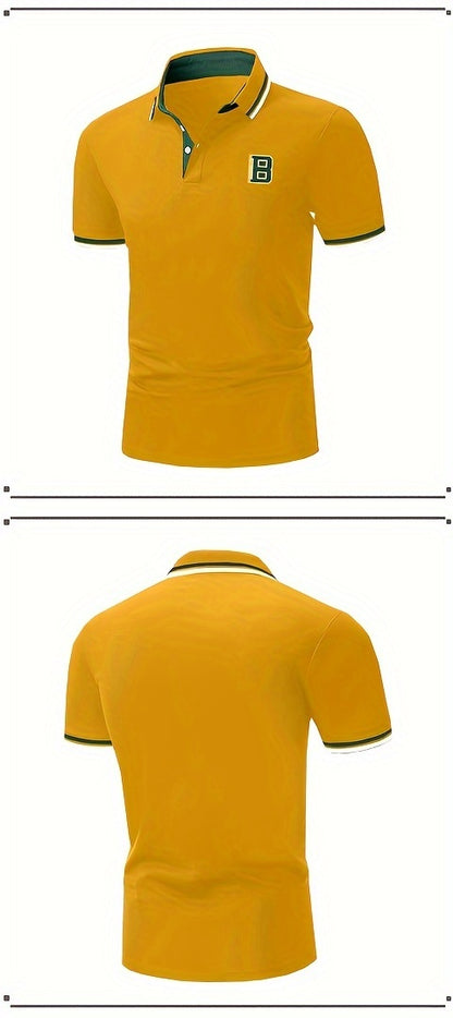 Men's Trendy Simple Letter Print Color Block Short Sleeve Button Up Lapel Shirt For Summer Daily, Golf Shirt