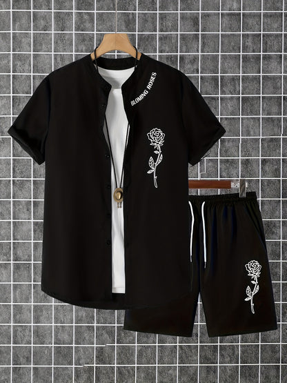 2pcs Printed Men's Summer Short Sleeve Button Shirt and Shorts Set