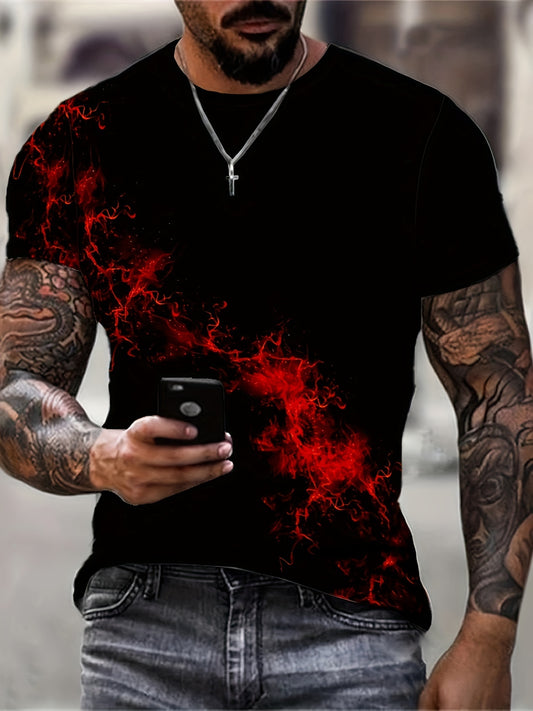 Men'S 3D Print Red & Black Flame Graphic T-Shirt - Casual Short Sleeve Crew Neck Tee with Mesh Fabric, All-Season Outdoor Shirt for Adults, Everyday Tshirt | Bold Graphic Tee | Mesh Fabric Shirt