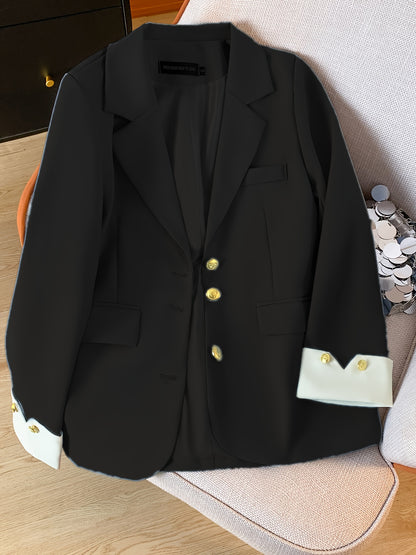Chic Light Blue Slim-Fit Blazer կանանց համար. Նորաձև երկարաթև աշխատանքային գրասենյակային վերնազգեստ ոսկե կոճակով, էլեգանտ պոլիեսթեր գործվածք, կատարյալ գարնան և աշնան համար
