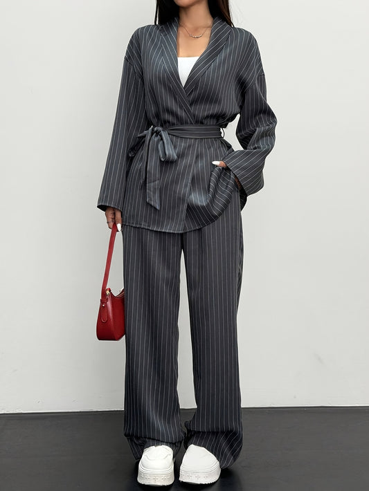 Women'S Elegant Casual Kimono Suit Set, QD111810, Grey Striped Wrap Design, Polyester 100%, Lapel Collar, Belt Detail, Woven Fabric, 210g/m², Office Fashion Commuter Outfit for Spring/Fall