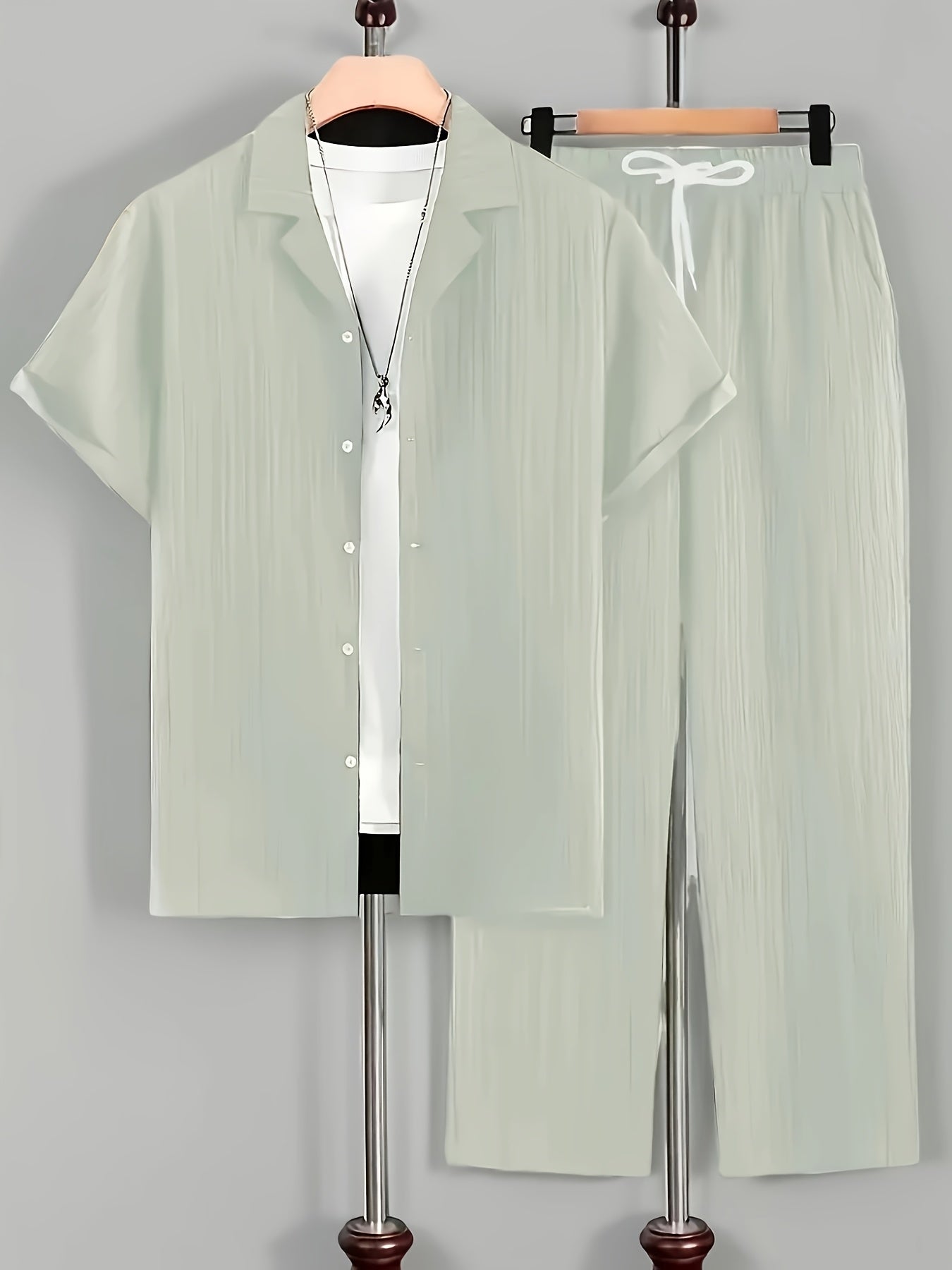 2pcs Men'S Casual Summer Set - Short Sleeve Button-Up Cuban Collar Shirt and Drawstring Waist Pants, Polyester Blend, Solid Color, Regular Fit, Breathable Fabric, Lightweight for Daily Wear