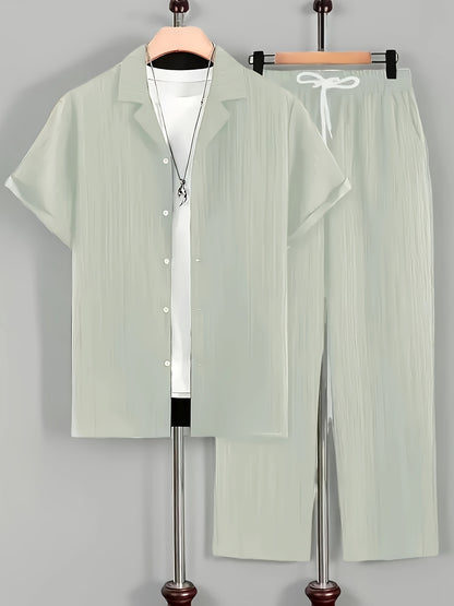 2pcs Men'S Casual Summer Set - Short Sleeve Button-Up Cuban Collar Shirt and Drawstring Waist Pants, Polyester Blend, Solid Color, Regular Fit, Breathable Fabric, Lightweight for Daily Wear