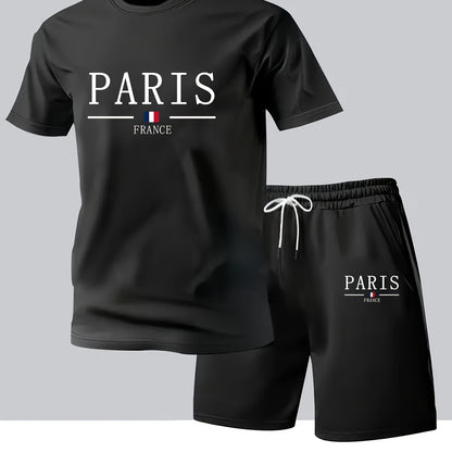 Paris Gradient Letter Print Men's Two-Piece Set: Crew Neck Short Sleeve T-Shirt and Drawstring Shorts Summer Casual Sportswear