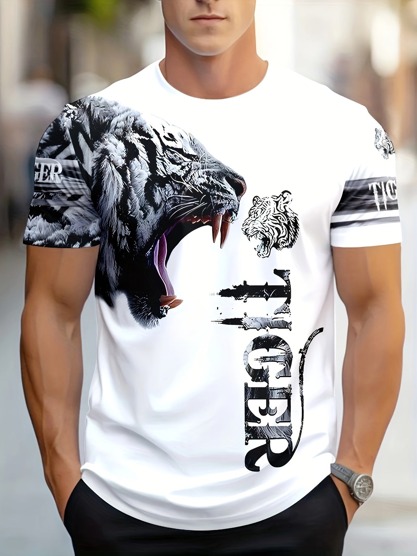 Men'S & Women'S "Tiger" Graphic T-Shirt - Casual, Stylish 3D Print Animal Design, White, Short Sleeve, Polyester Knit, Regular Fit, Streetwear Tee|Bold Animal Print|Stretchy Fabric