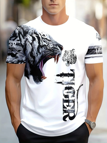 Men'S & Women'S "Tiger" Graphic T-Shirt - Casual, Stylish 3D Print Animal Design, White, Short Sleeve, Polyester Knit, Regular Fit, Streetwear Tee|Bold Animal Print|Stretchy Fabric