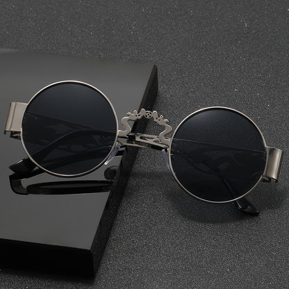 A Pair Of Men's Stainless Steel Retro Round Frame Glasses, Chinese Dragon And Phoenix Carving Hollow Arms, Casual Hip-hop Punk Street Party Fashion Trend Decorative Glasses, With PC Lenses