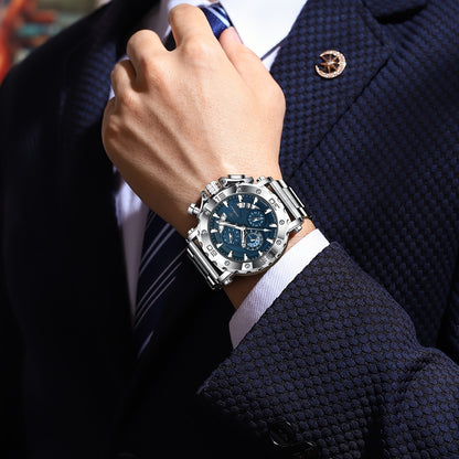 POEDAGAR Men'S Luxury Stainless Steel Business Watch with Date Display, 3ATM Blue Dial, Rotating Bezel, Alloy Case, Quartz Movement - Elegant Formal Accessory, Formal Accessory|Luxurious Watch|Quartz Movement Watch