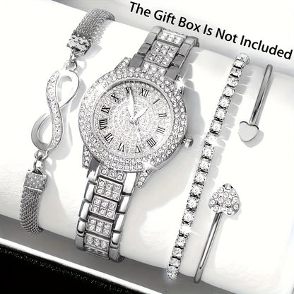 Fashionable Women's Quartz Watch Set With Rhinestones - Stainless Steel Band, Round Zinc Alloy Case, Pointer Display, Non-Rechargeable Battery - Includes Elegant Bracelet, Timer Function - 4 Piece Gift Set For Valentine's, Ea