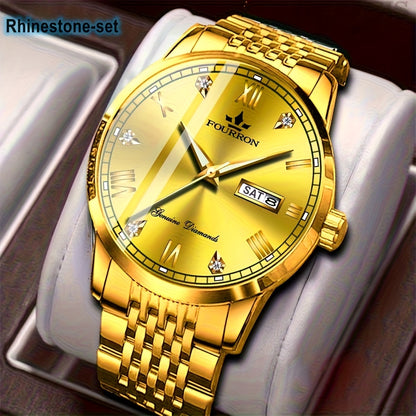 1pc Elegant Rhinestone-Set Stainless Steel Bracelet Watch for Men - Quartz, Date & Calendar Display, Glow-in-the-Dark Hands, Waterproof, Business Casual Style, Ideal Gift for Birthdays & Holidays, Casual Accessory | Elegant W
