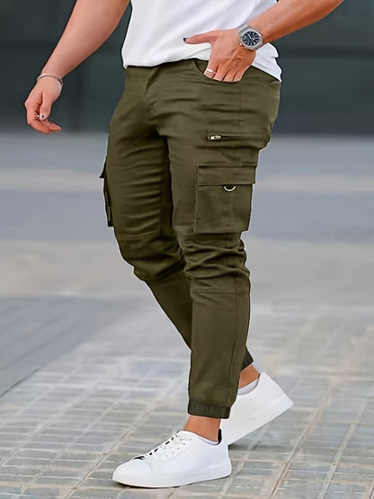 Men's Solid Color Multi-pocket Cargo Pants With Drawstrings, Casual Stylish Sports Trousers As Gift