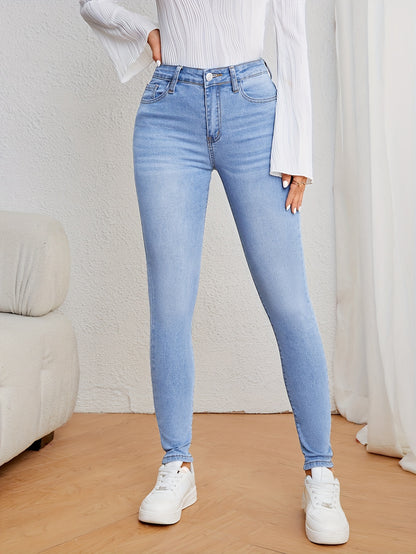 Women's Casual Plain Light Blue Skinny Jeans, Stretchy Denim Pants, Classic Design, High Waist Slim Fit For Everyday Fashion - Perfect For Fall & Winter