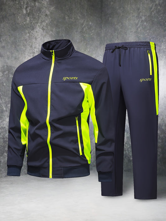 Men'S Casual Patchwork Athletic Suit Comfortable And Good Wear Coat And Long Pants Tracksuit
