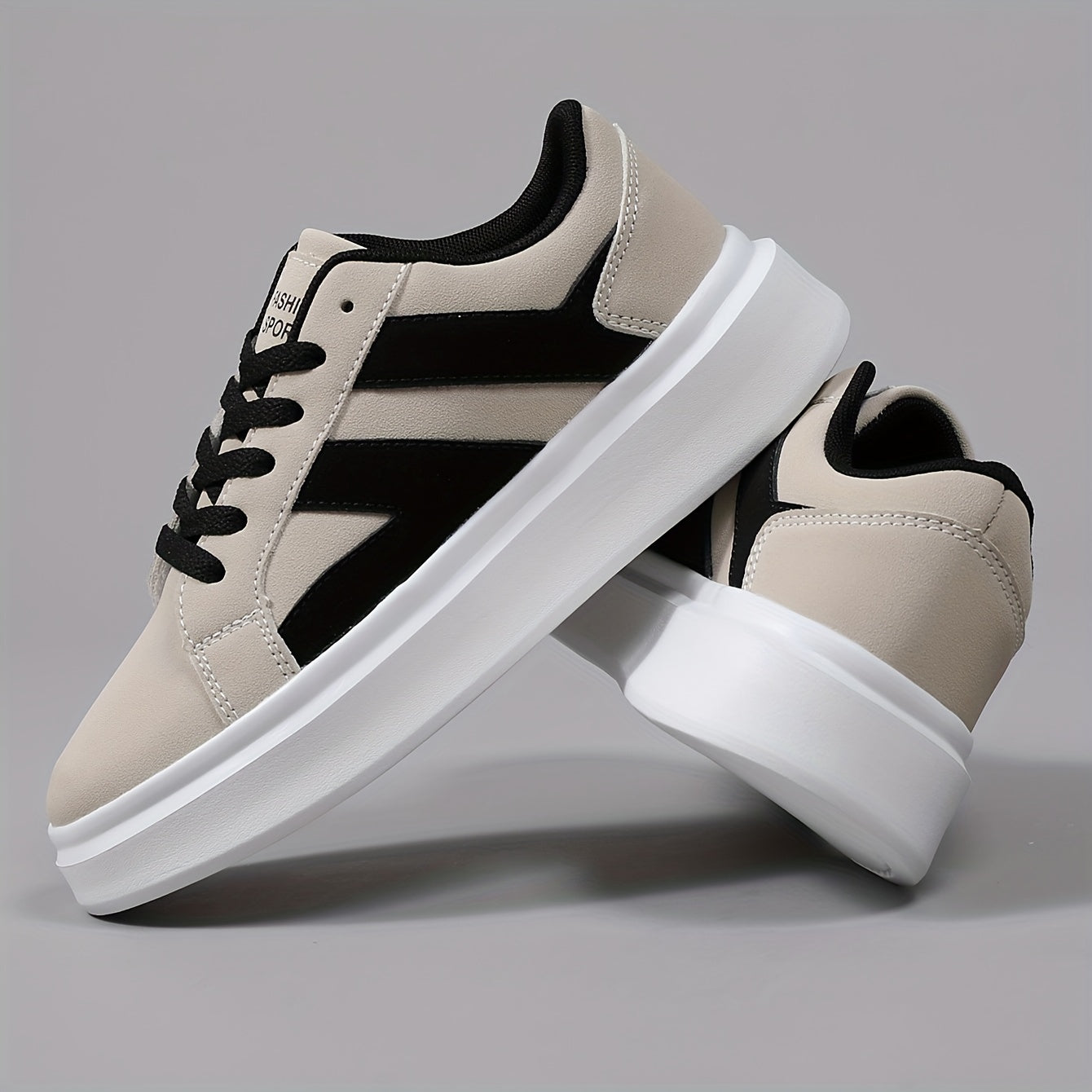 Men's Casual Athletic Sneakers - Comfortable Low-Top Lace-Up Shoes with Geometric Design, Black & Beige, EVA Sole, Microfiber Upper for Casual Attire and Sports