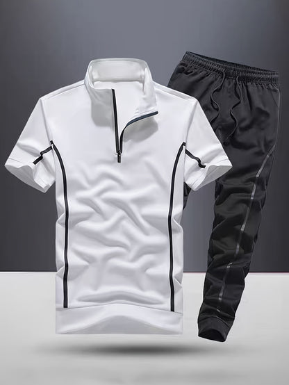 Men's Fashion Stripe Casual Suit, 2pcs Stylish Stand Collar Zippered Breathable Outfit with Short Sleeve T-Shirt and Drawstring Pants for Summer Wear