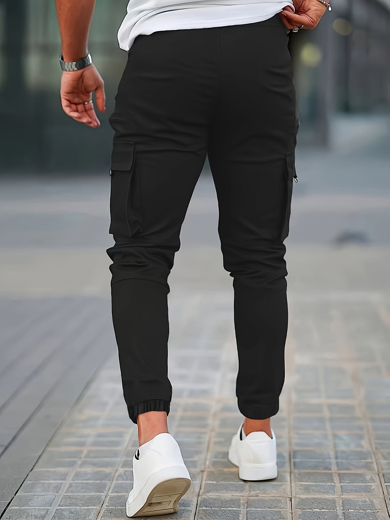 Men's Solid Color Multi-pocket Cargo Pants With Drawstrings, Casual Stylish Sports Trousers As Gift