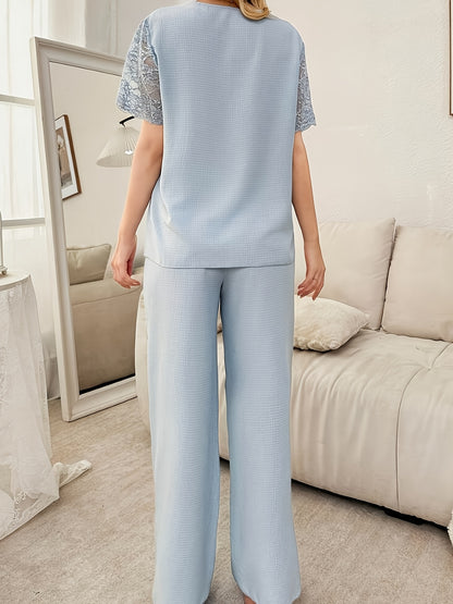 Elegant Women'S Solid Color Lace-Trimmed V-Neck Short Sleeve & Long Pants Pajama Set - Soft Polyester, Button-Up Design, Perfect for Home & Relaxation, Relaxation Attire | Lace Trimmed Sleeves | Polyester Fabric
