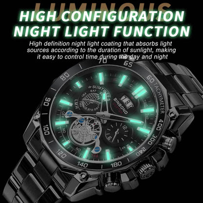 BINBOND Men's Luxury Quartz Watch - Sleek Black, Waterproof with Calendar & Luminous Hands, Stainless Steel Band, Date Display, Chronograph & World Time Features for Business Casual