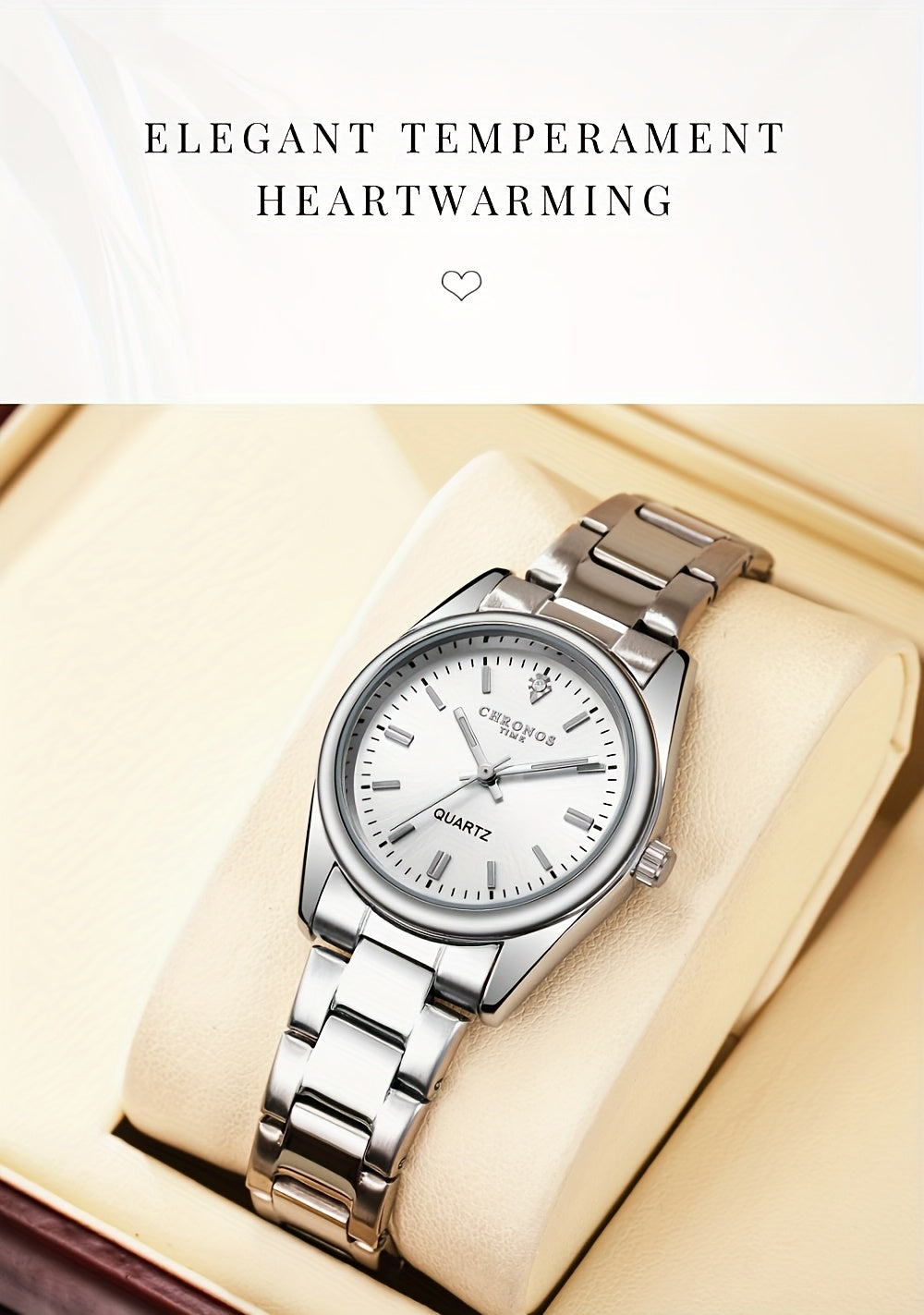 CHRONOS Women'S Quartz Watch - Elegant Stainless Steel Strap, Luminous, Round Dial, Business Casual Style, Perfect for Commuting and Casual Attire, Date Display, Pointer Display, Zinc Alloy Case, Button Battery Powered, Timer