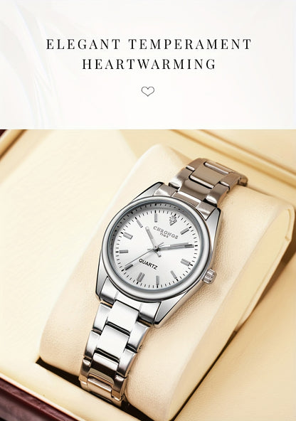 CHRONOS Women'S Quartz Watch - Elegant Stainless Steel Strap, Luminous, Round Dial, Business Casual Style, Perfect for Commuting and Casual Attire, Date Display, Pointer Display, Zinc Alloy Case, Button Battery Powered, Timer