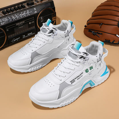 Men's Sneakers - Thick Platform Cushioned Sole, Lace-Up Closure, PU Upper & Non-Slip PVC Outsole - All-Season Gym, Casual, Everyday Sneakers - Black/White Colorway - Affordable Men's Footwear, Casual Walking, Trendy Kicks, Co