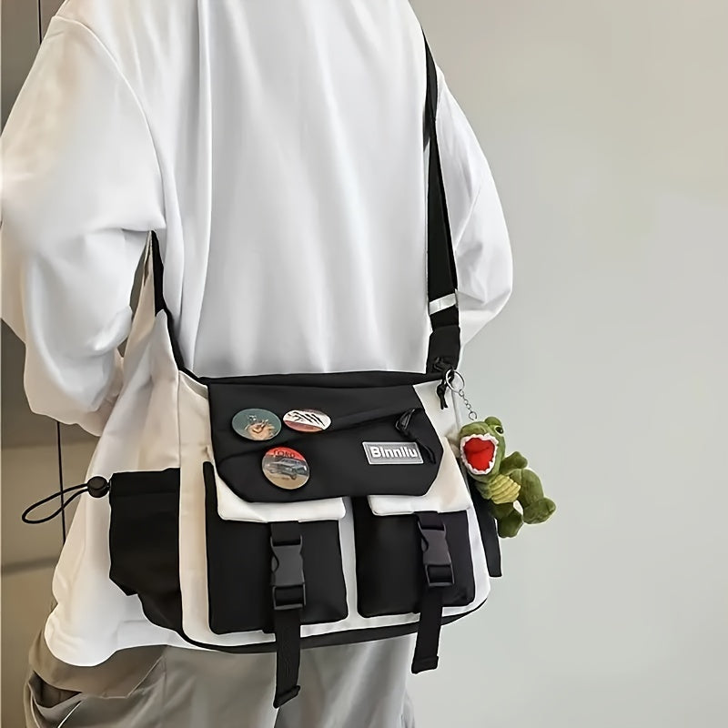 Trendy Nylon Messenger Bag - Casual Japanese-Inspired Shoulder Bag with Adjustable Strap, Large Capacity, Multi-Pocket Design for School & Sports, Blue & White